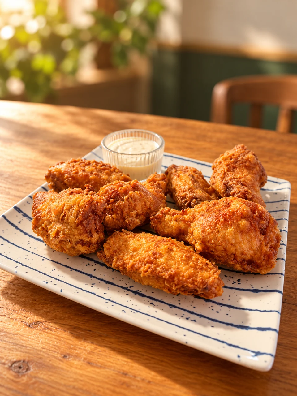 Porção de frango frito crocante com molho na Rösti House